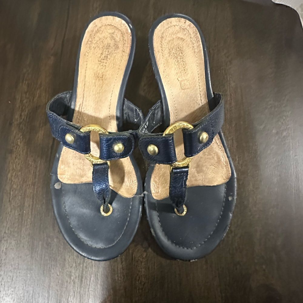 Sperry Leather Wedge gold ring Sandals Navy 6.5